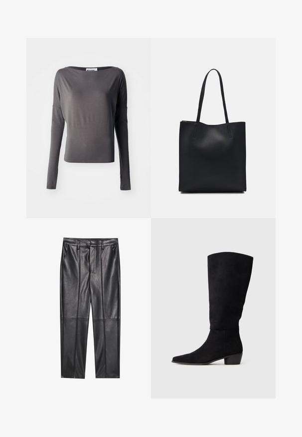Langermet topp i mørkegrått, laget av mykt stoff. Har en bred utringning og kroppsnær silhuett. Finesselementene inkluderer utskjæringer på ermene.; Sorte lærbukser med en glat tekstur, der har en lige pasform, to forlommer og synlige sømdetaljer.; Svart semsket knelang støvel med lav blokkheel og spiss tå, vist i sidevisning på en enkel lys grå bakgrunn.; Svart lær tote bag med glatt tekstur, rektangulær form og to lange håndtak. Ingen synlige deler eller dekorasjoner.