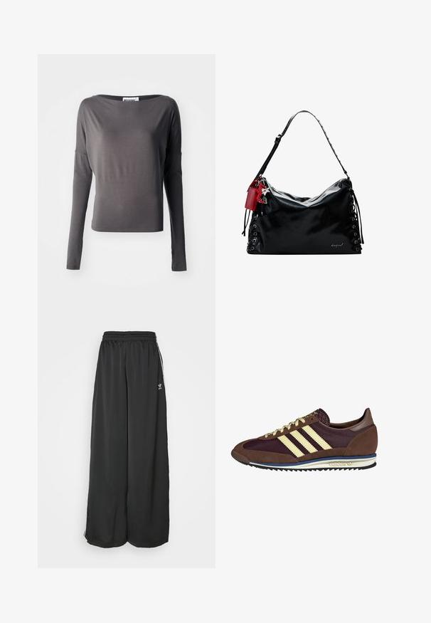 Camiseta de manga larga en gris oscuro, hecha de una tela suave. Presenta un escote amplio y una silueta ajustada. Los detalles incluyen recortes en las mangas.; Pantalones de chándal negros de corte holgado, fabricados en un tejido suave. Cuentan con una cintura elástica y rayas laterales con acentos de logo.; Deportivas marrones y burdeos con materiales de ante y malla, con tres franjas crema, tela texturizada en la lengüeta y suela de goma.; Bolso de cuero negro con un diseño holgado, detalles de cordones en los lados y una etiqueta de acento roja. Presenta una larga correa ajustable.