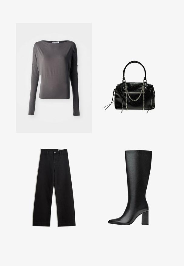 Langermige top in donkergrijs, gemaakt van zachte stof. Heeft een brede halslijn en een getailleerde pasvorm. Accenten zijn onder andere uitsparingen in de mouwen.; Zwarte denim broek met wijde pijpen en een hoge taille, voorzien van voor- en achterzakken, gestikte naden en een knoopsluiting. Gladde textuur.; Zwarte laars tot de knie van faux leer met een spitse neus, een gladde textuur en een chunky blokhak. Minimalistisch ontwerp zonder zichtbare accenten.; Bershka WITH CHAIN - Handtas - black