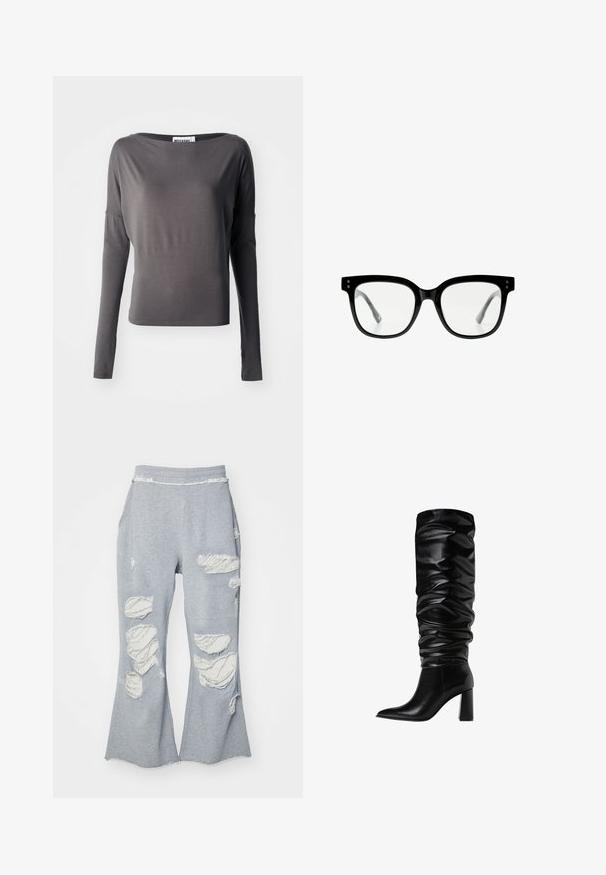 Långärmad topp i mörkgrått, tillverkad av mjukt tyg. Har en bred halsringning och figurnära silhuett. Detaljer inkluderar utskärningar vid ärmarna.; Grå sweatpants med en utsvängd bendesign, med flera slitna lappar som blottar en ljusare tyg. Elastisk midja för komfort.; Knähöga svarta läderstövlar med en slouchy design, spetsig tå och en kraftig blockklack, med en slät, glänsande yta.; Svarta plastglasögon med en tjock, rektangulär ram. Klara linser, slät yta och två små metallaccenter på framsidan.