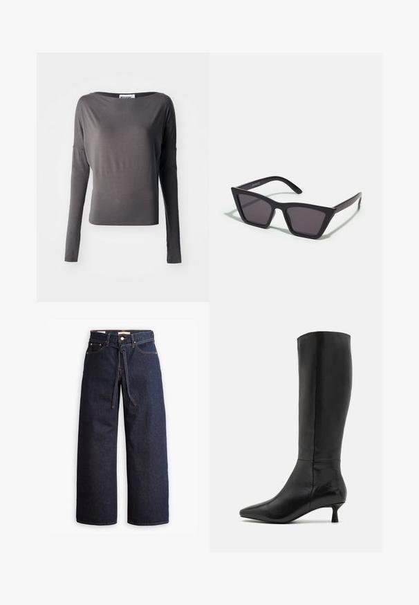 Dugih rukava u tamno sivoj boji, izrađeno od mekog materijala. Ima široki izrez i priljubljeni siluet. Akcenti uključuju izrezane detalje na rukavima.; Široke tamnoplave traperice s visokim strukom, s vezicom, pet džepova i kontrastnim detaljima šavova.; Zign Čizme - black; Crne, uglaste sunčane naočale sa sivoj lećama; izrađene od plastike, imaju debele nogice s glatkom površinom i bez vidljivih metalnih dijelova.