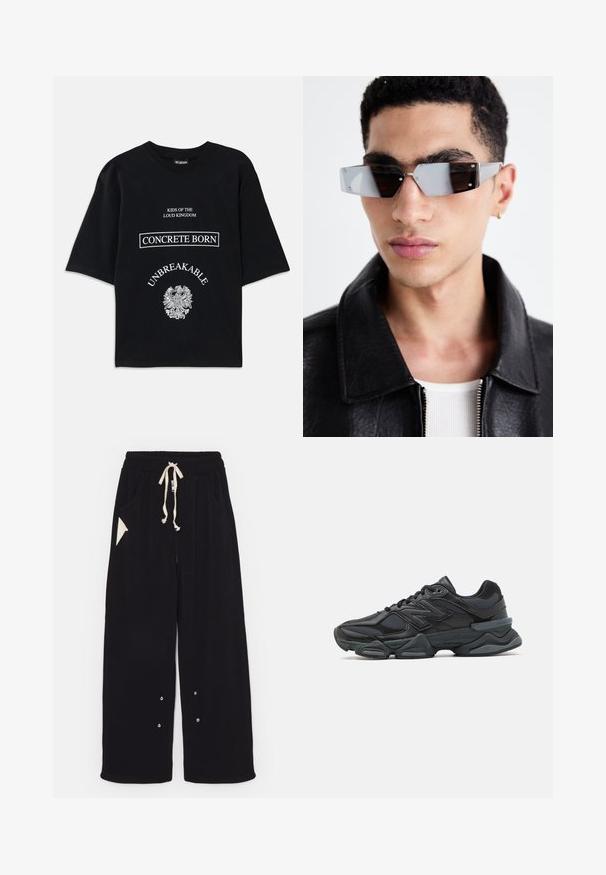 Tricou oversized negru cu text alb "Kids of the Loud Kingdom," "Concrete Born," "Unbreakable," și o grafică detaliată a unei vulturi în partea de jos.; Pantaloni negri evazați dintr-un material moale, cu talie ajustabilă cu șnur, buzunare laterale și un buzunar accent triunghiular. Detalii din metal argintiu incluse.; Pantofari de alergare negri, cu un amestec de plasă și materiale sintetice, talpă masivă, design curbat și branding proeminent pe lateral.; Ochelari de soare unghiulari cu nuanță gri, cu accesorii argintii, pe un fundal deschis. Lentilele au o formă geometrică unică.