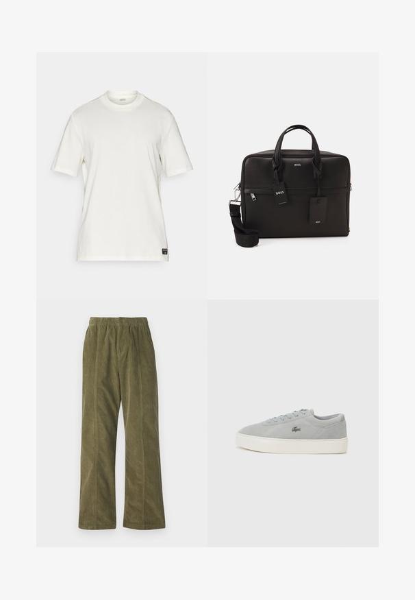 Hvit bomull t-skjorte med kort erm og rund hals, minimalistisk design, og en liten logo-lapp nederst til venstre.; Oliven grønne kordfløjlsbukser med vide ben, elastisk talje og synlige syninger langs siderne.; Lacoste COURT - Joggesko - grey/off white; Svart laptopveske med teksturert overflate, doble håndtak, avtagbar stropp og metallbeslag. Har to merker og en strukturert design.