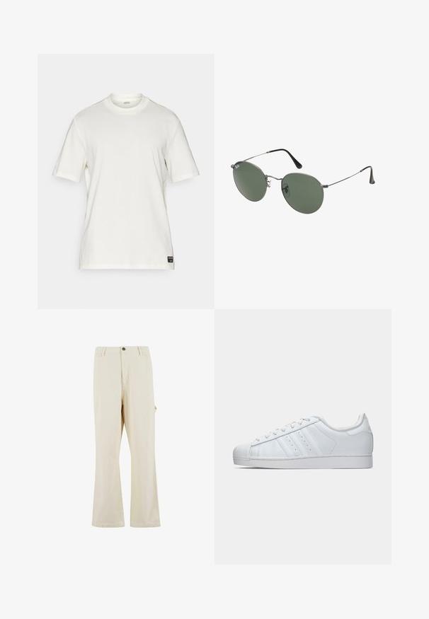 Biela bavlnená krátkorpová tričko s okrúhlym výstrihom, minimalistický dizajn a malá logo nášivka na dolnej ľavej strane.; Béžové nohavice s širokým strihom vyrobené z látky s prímesou bavlny s uzáverom na gombík. Obsahujú bočné vrecká a majú jemnú textúru. Viditeľné švy.; Biele kožené tenisky s textúrovanou gumovou špičkou, tromi postrannými pruhmi a polstrovaným golierom. Ploché biele šnúrky a minimalistický dizajn.; Sunglass s metalovým rámom s oválnymi zelenými šošovkami. Tenký strieborný kovový rám a čierne štuple za uši. Minimalistický dizajn, bez viditeľných log.