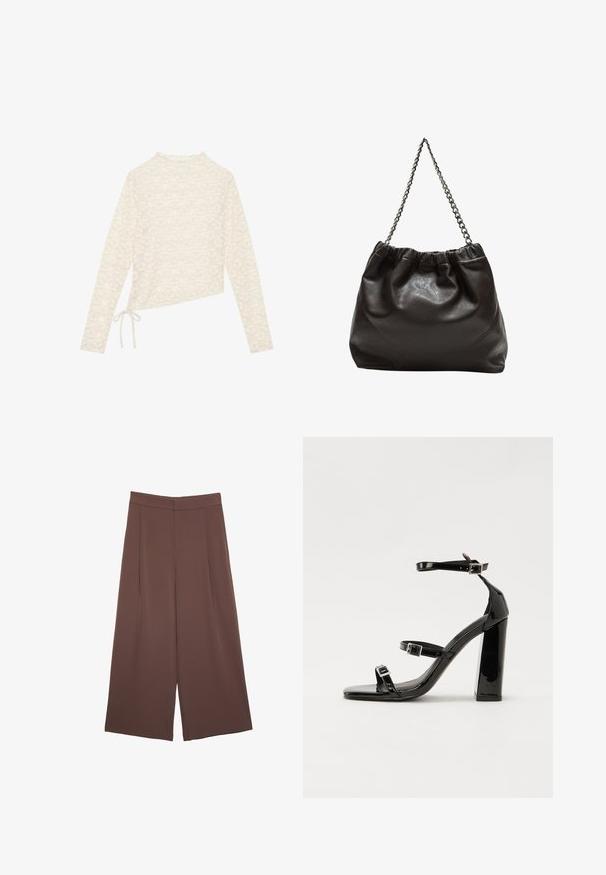 Cream long-sleeve top, featuring a floral lace pattern, high neck, and a side tie detail for adjustable fit. Soft texture and lightweight fabric.; Brown wide-leg trousers with a smooth texture, featuring a high waist and front pleats. The fabric is lightweight and flows loosely.; Black patent heeled sandals with a square toe, ankle straps, and silver buckles. Features a chunky block heel for stability.; Brown leather bag with a gathered top and a chain strap. Smooth texture with a glossy finish and subtle seam detailing on the sides.