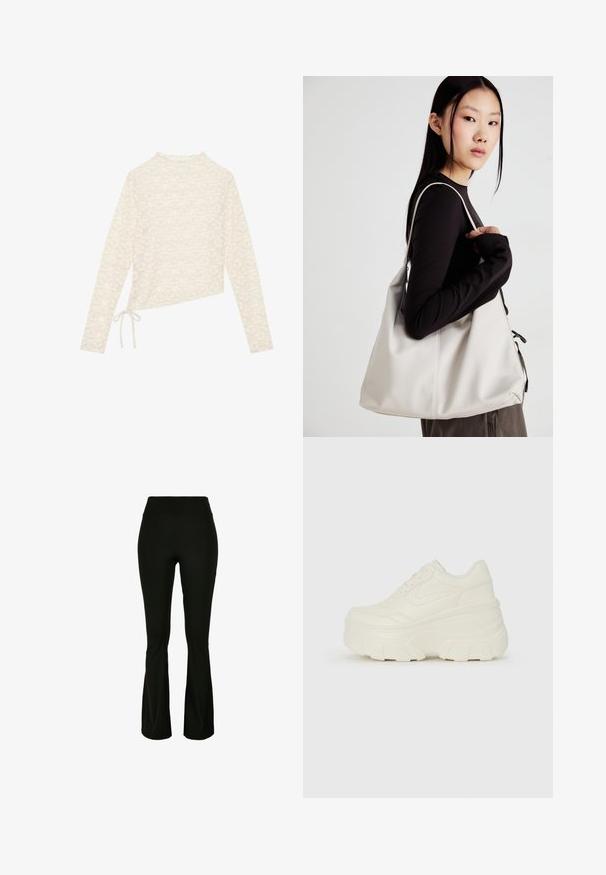 Kremena dolga majica z dolkimi rokavi, ki se ponaša z rožnatim čipkastim vzorcem, visokim ovratnikom in bočnim vrvico za prilagodljivo prileganje. Mehka tekstura in lahka tkanina.; Črne široke hlače iz elastičnega materiala, z visokim pasom in gladko teksturo. Brez vidnih dodatkov ali vzorcev.; Bele platformske tene z belim zgornjim delom, ki spominja na usnje, okroglo obliko, oblazinjen ovratnik ter gumo z teksturo na podplatu z izrazitimi profili.; Bežna torbica iz mehkega materiala, z ohlapno zasnovo, šivi in dvema naramnicama. Primerna za vsakodnevno uporabo.