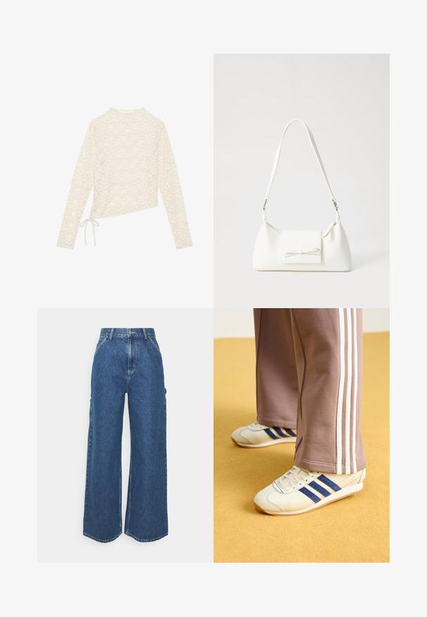 Kreemivärvi pikkade varrukatega top, millel on lilleline pitsmuster, kõrge kaelus ja küljetõmbe detail reguleeritava sobivuse jaoks. Pehme tekstuur ja kerge kangas.; Laiene jalad sinised denim püksid kõrge vöökohaga, kontrastsete õmblustega ja küljetaskutega, klassikalise viie taskuga disainiga ja toore servaga.; Kreemikaded siniste seemisribade, valgete paelte ja kummitaldadega. Kombineeritud hallide dressipükstega, millel on valged küljeribad.; Valge sünteetilisest materjalist kott kolmnurkse kujuga, lame esiklapiga ja kaaredetailiga, reguleeritava rihmaga, sileda tekstuuriga ja minimalistliku disainiga.