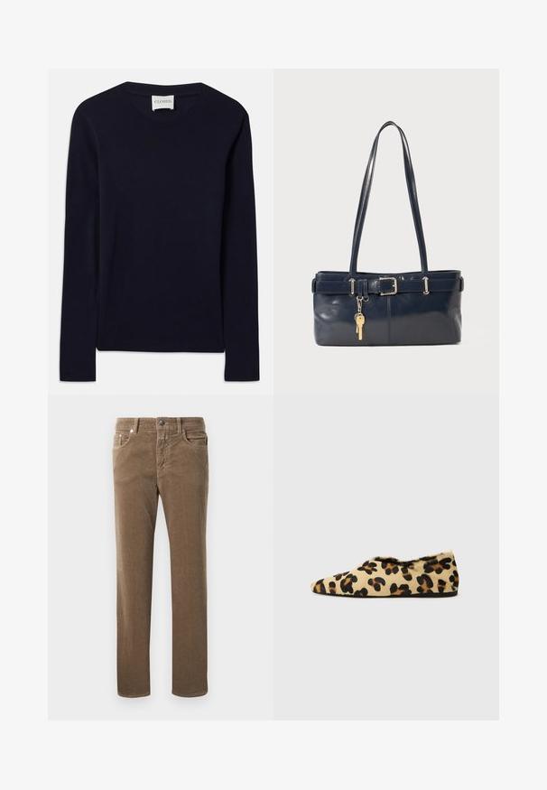 Merenkurjen pitkähihainen crewneck-paita, joka on valmistettu pehmeästä puuvillasta. Ominaisuuksiin kuuluu ribbineck ja suora helma ilman näkyviä kuvioita tai koristeita.; Ruskeat corduroy-suorat housut etutaskuilla, vyölenkeillä ja nappisuljennalla valkoista taustaa vasten.; Lähettimessä on pehmeäkarvaiset leopardikuosiset balleriinat, joissa on terävä kärki ja matala profiili. Luonnolliset sävyt mustilla yksityiskohdilla.; La handbagin sininen nahka, jossa on kaksi pitkää kahvaa, Buckle-yksityiskohta ja avaimenperä kiinnitettynä. Sen pinta on sileä ja muoto on suorakulmainen.