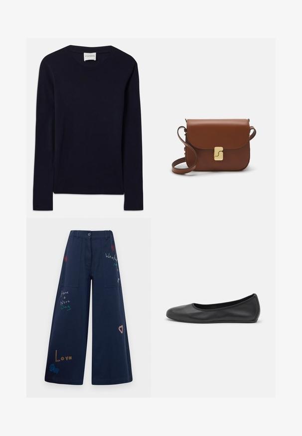 Jūras spēku garās piedurknes kreklu krekls, kas izgatavots no mīksta kokvilnas. Tam ir ribota apkakle un taisna apakšmala bez redzamām rakstu vai akcentiem.; Tumši zili plata kāju bikses no kokvilnas ar vairākiem kabatām. Iekļauj krāsainus izšuvumus ar tekstu un grafikām, tostarp sirdīm un rotaļīgām frāzēm.; Melna ādas baleta kurpe ar noapaļotu purngalu, gludu tekstūru, minimālu šuvju detalizāciju un elastīgu zoles dizainu.; Bordo ādas rokas soma ar atloku, zeltītām detaļām, plecu siksnu un gludu virsmu. Kompakta, taisnstūrveida forma.