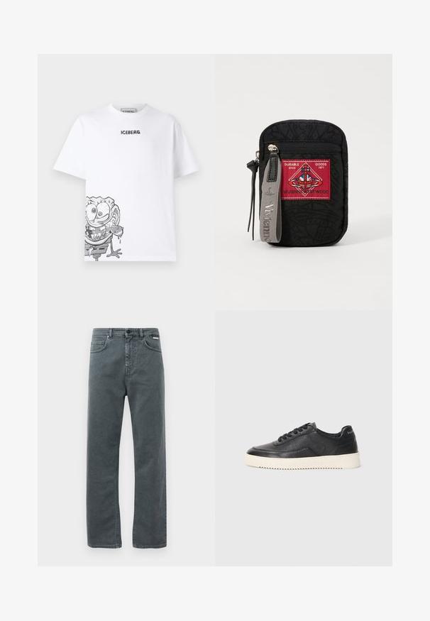 Hvit bomulls t-skjorte med en grå tegneseriefigur grafikk nederst til venstre, med "ICEBERG" logo trykt i svart over.; Grå denimjeans med rett ben, fem lommer og kneppclosing. Har subtil søm og et klassisk, minimalistisk design.; Svart lær sneakers med teksturert overflate, rund tå og flat hvit gummisåle. Har svarte snører og merkevare på hælen.; Svart pose med teksturert stoff, med en rød lapp med logo, glidelås-lukking, og et grått bånd med preget merkevare.