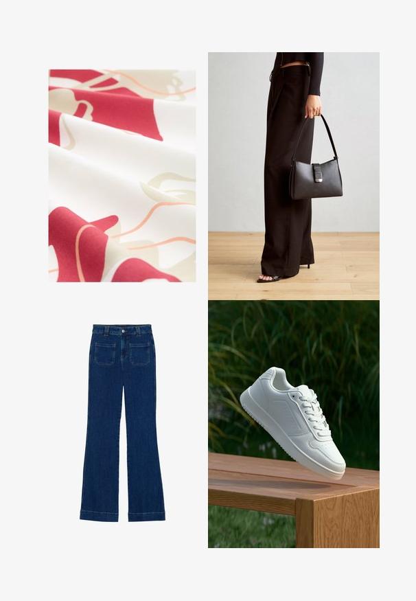 Textile fabric featuring a white base with abstract red and beige floral patterns, smooth texture, and soft, draping quality.; Denim flared jeans in dark blue with a smooth texture, five-pocket design, and a button closure at the waist.; White sneaker with a smooth synthetic upper, perforated toe box, flat laces, and a textured sole, displayed on a wooden surface.; Black handbag with structured shape, smooth texture, and a metallic clasp. Paired with wide black pants and open-toe sandals on wooden floor.