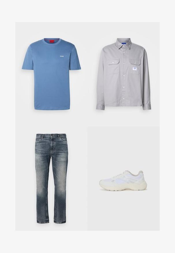 Gaiši zils kokvilnas T-krekls ar klasisku apaļu kaklu, īsām piedurknēm un mazu baltu "HUGO" logotipu kreisajā krūtī.; Pelēks garām piedurknēm krekls, izgatavots no kokvilnas, ar pogājamu apkakli, divām krūšu kabatām un mazu zīmola etiķeti kreisajā kabatā.; Zilās džinsu bikses ar taisno kāju griezumu. Gaiši izbalējušas vietas, klasiskā piecu kabatu dizains un viens metāla pogu aizvēršanas variants jostas vietā.; Baltas sporta apavi, kas izgatavoti no sieta un zamšāda, ar teksturētu starpzoli, teksturētām akcentēm un "HUGO" logo sānos.