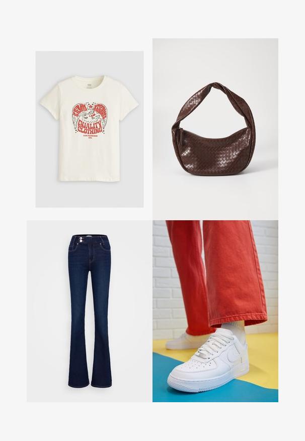 Levi's® THE PERFECT TEE - T-shirts print - eagle sugar swizzle; Mørkeblå, flagrende jeans med høj talje, to frontlommer og to knaplukninger. Fremstillet af denim med en glat tekstur.; Hvide lædersneakers med perforeret tå-kasse, tekstureret sål og hvide snørebånd, parret med brede røde bukser og en blå-gul baggrund.; Brun vævet lædertaske med et buet, knyttet håndtag og en lynlås lukning. Glat tekstur og rund form.