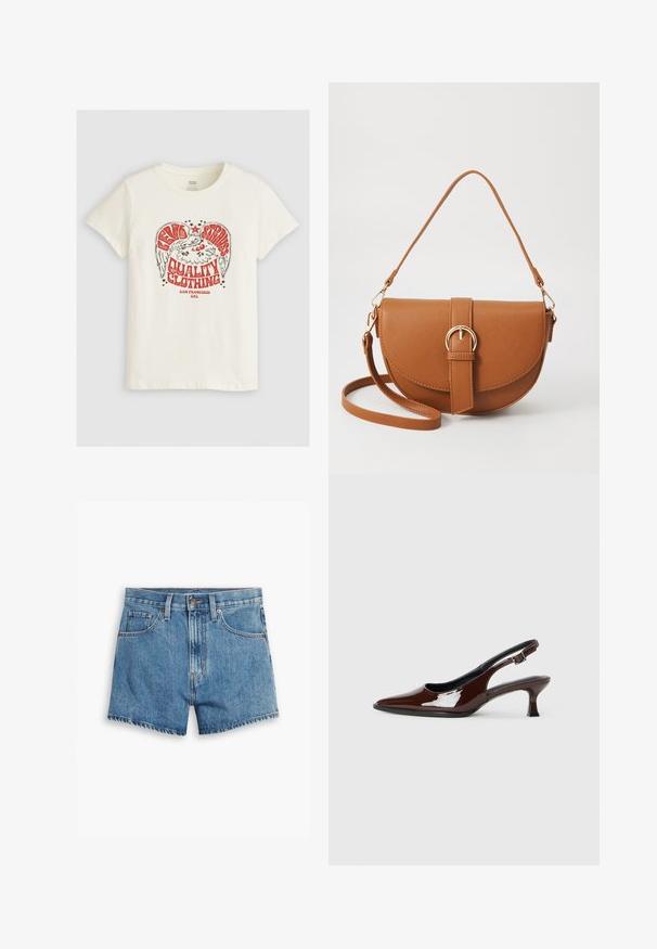 Levi's® THE PERFECT TEE - Trükipildiga T-särk - eagle sugar swizzle; Heledad teksapüksid helesinisena, millel on viis taskut, tõmblukk ja nööpkinnitus. Varrukad on lõdvenenud ja servad on kulunud.; Pruun patentnahast slingback tossud terava nina ja mõõduka kandega. Omab pandla rihma kindla istuvuse tagamiseks. Sile tekstuur.; Pruun nahast õlakott, millel on kumer kuju, kullavärvi riistvara ja pandlaga kaunistus. Omab eemaldatavat õlarihma.