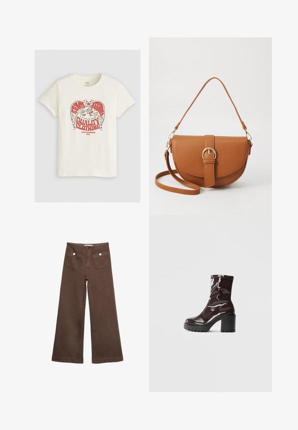 Levi's® THE PERFECT TEE - T-shirts print - eagle sugar swizzle; Brune bredbenede bukser lavet af bomuld, med to forlommer med sølvknapper og en glat tekstur.; Glatte burgunder ankelstøvler med en chunky sort hæl, der har en glat tekstur og et simpelt design. Ingen synlige lukninger eller mønstre.; Brun læder crossbody taske med en buet form, guldfarvet hardware og en spændeaccent. Har en aftagelig skulderrem.