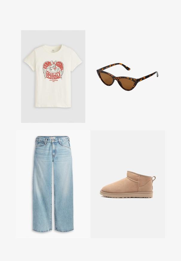 Levi's® THE PERFECT TEE - T-shirt print - eagle sugar swizzle; Lichtblauwe wijde jeans van denim, met een hoge taille, knoopsluiting en een rafelige zoom. Zichtbare stiksels en zakken.; Tan suède enkellaars met een afgeronde neus, zachte textuur, eenvoudig ontwerp en een laag profiel rubberen zool. Voorzien van een trekhaak aan de achterkant.; Cat-eye zonnebril met een zwart en oranje schildpadframe, bruine lenzen en slanke, puntige uiteinden. Bevat een minimalistisch logo op de poot.