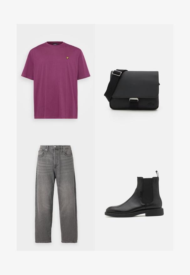 Short-sleeved purple t-shirt made of cotton, featuring a round neck and a small yellow logo on the left chest. Smooth texture, casual design.; Gray denim jeans with a loose fit, straight legs, five-pocket design, and metal button closure. Features faded texture and subtle stitching.; Black leather ankle boot with smooth texture, elastic side panels, and a pull tab. Round toe and flat rubber sole with minimal tread.; Black messenger bag made of textured material with a flap closure, adjustable strap, and metal hardware. Features a logo detail on the front.