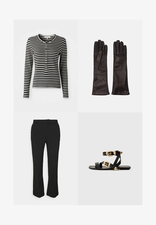 Schwarz-weiß gestreiftes Langarmshirt mit Rundhalsausschnitt, ausgestattet mit einer Knopfleiste und einem schmalen Schnitt. Weicher Stoff.; Schwarze, maßgeschneiderte Hose mit geradem Bein, ausgestattet mit Gürtelschlaufen und Seitentaschen. Hergestellt aus glattem Stoff mit sauberem Finish.; Schwarze Ledersandalen mit goldenen Schnallenakzenten, die mehrere Riemen und ein flaches Sohlendesign für das Tragen mit offenen Zehen bieten.; Weekend Max Mara SENAPE - Fingerhandschuh - nero