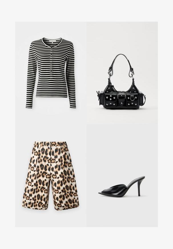 Camisa de manga longa com riscas pretas e brancas, com um decote redondo, apresentando uma pala de botões e um corte ajustado. Textura de tecido suave.; Calções com padrão de leopardo em tons de bege e preto, com design plissado e bolsos laterais. Feitos de um tecido suave com um acabamento brilhante.; Mules de salto alto em couro preto, com ponta aberta, design pontudo, textura suave e um salto fino tipo stiletto.; Bolsa de couro preta com um design curvado, apresentando tachas prateadas, uma fivela e dois bolsos laterais. Alça ajustável para opções de transporte.