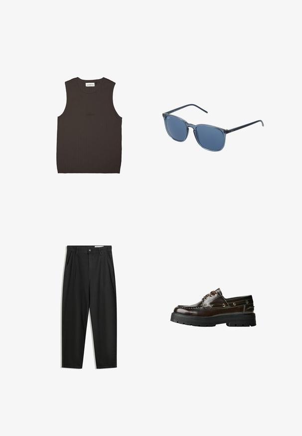 Donkerbruine mouwloze top van ribbed stof, met een ronde halslijn en subtiele merkborduursel in bijpassende kleur op de voorkant.; Zwarte katoenen broeken met een losse pasvorm, voorzien van een klassieke tailleband, voorplooien en zijzakken. Gladde structuur zonder patronen.; Bruine leren bootshoe met een rubberen zool, voorzien van stiksels, metalen oogjes en een vetersluiting. Stevige, lichte constructie.; Blauwe rechthoekige zonnebril met grijs getinte lenzen, kunststof montuur, metalen accenten en een matte afwerking op de pootjes.