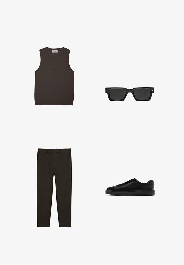 Top senza maniche marrone scuro in tessuto a coste, con scollatura rotonda e un sottile ricamo del marchio dello stesso colore sulla parte anteriore.; Pantaloni in tessuto intrecciato marrone scuro con design a gamba dritta, tasche anteriori e chiusura con bottone in vita. Texture liscia.; Sneaker in pelle nera con finitura liscia, punta rotonda, laccio frontale e linguetta testurizzata a contrasto. Suola in gomma nera spessa.; Occhiali da sole rettangolari neri con lenti scure, montatura in plastica lucida e piccoli dettagli firmati sulle tempie. Profilo piatto e angoli netti.