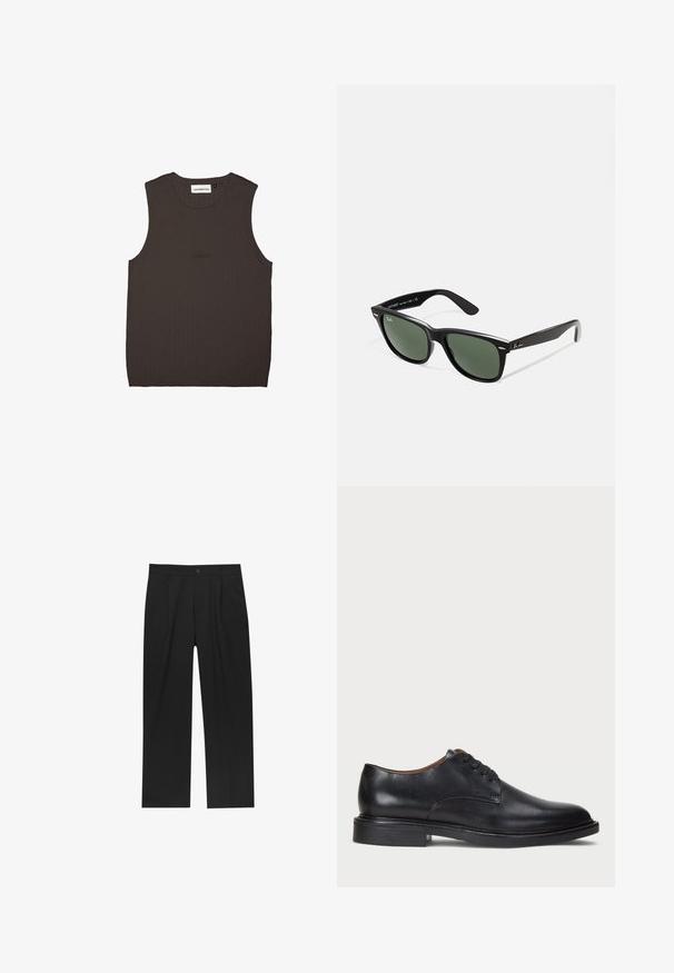 Sötétbarna ujjatlan felső bordás anyagból, körkivágással és finom márkamegjelenítéssel, amely az elején, azonos színben található.; Fekete nadrág egyenes szárú kialakítással, sima anyagból készült. Elöl redők és egy gombos záródás található a derékon.; Fekete bőrből készült dresszcipő kerek orral, fűzős kialakítással és alacsony, rétegelt sarkával. Simás felület minimális varrási részletekkel.; Fekete műanyag napszemüveg zöld lencsékkel, négyzet alakú kerettel, ezüst díszítéssel a keret felső részén, valamint texturált szárakkal. A márka neve a belső száron található.