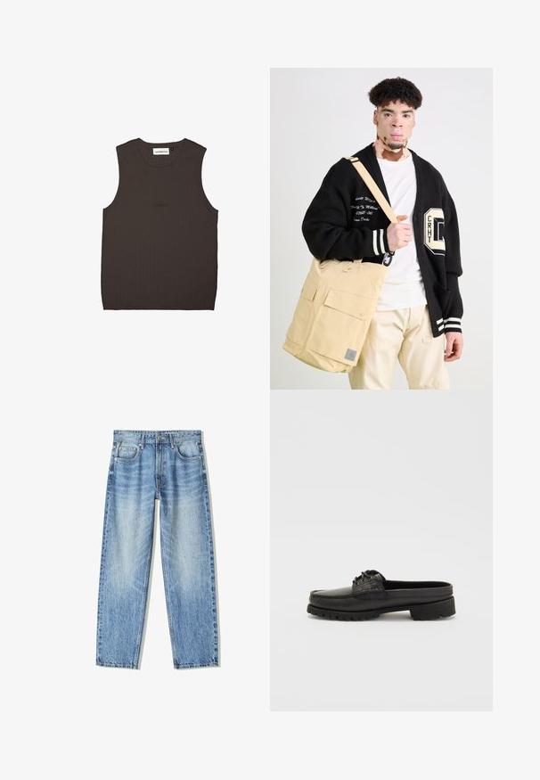 Dark brown sleeveless top in ribbed fabric, featuring a round neckline and subtle brand embroidery in matching color on the front.; Light blue denim jeans with a loose fit, straight leg design, five pockets, and faded texture. Includes a front button and zipper closure.; Black leather slip-on shoe with lace detail, rounded toe, and textured sole. Features a slightly elevated heel and smooth finish.; Beige messenger bag with two front pockets, made from fabric. Oversized black cardigan with white stripes and embroidered text details.