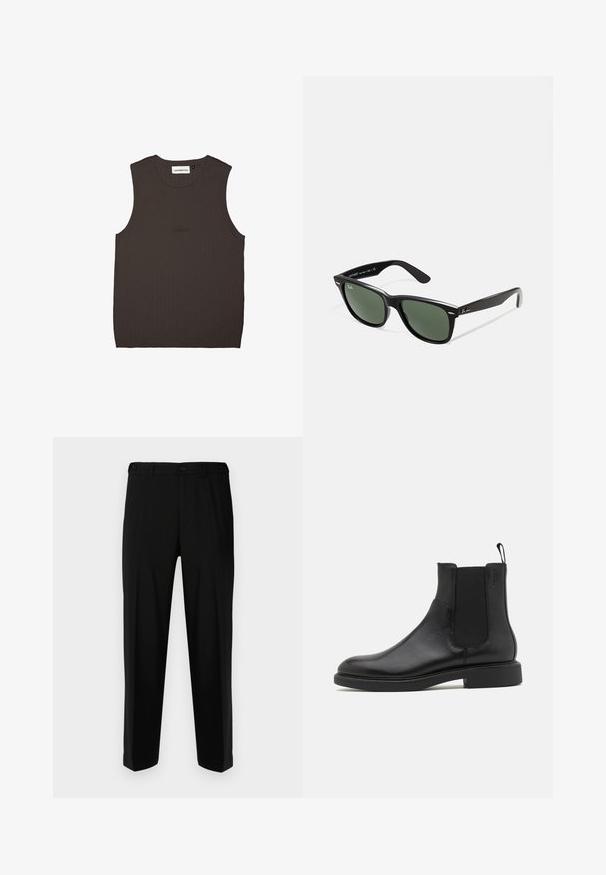 Top senza maniche marrone scuro in tessuto a coste, con scollatura rotonda e un sottile ricamo del marchio dello stesso colore sulla parte anteriore.; Pantaloni neri realizzati in tessuto liscio, con una vestibilità dritta, due tasche frontali e una chiusura con zip e bottone.; Stivale alla caviglia in pelle nera con texture liscia, pannelli laterali elastici e una linguetta per il tallone. Punta rotonda e suola piatta in gomma con minimo battistrada.; Occhiali da sole in plastica nera con lenti verdi, montatura quadrata, dettaglio argento sulla parte superiore e steli con texture. Marchio indicato sulla parte interna dello stelo.