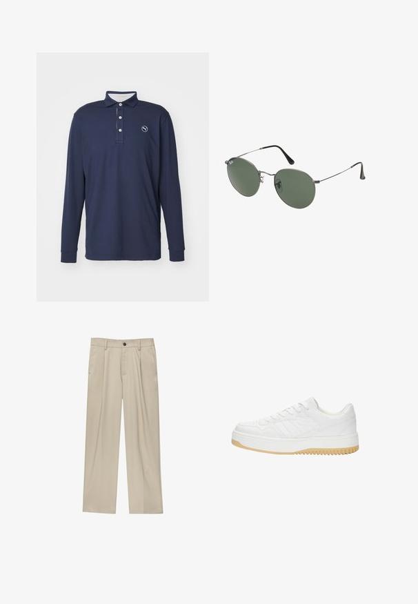 Granatowa koszula polo z długim rękawem, wykonana z miękkiego materiału, z kołnierzykiem, plastronem na trzy guziki i logo na lewej piersi.; Beżowe spodnie o prostym kroju, z pojedynczym czarnym guzikiem, szlufkami na pasek oraz bocznymi kieszeniami. Gładka faktura materiału i minimalistyczny design.; Białe skórzane sneakersy o fakturowanym wykończeniu, z gumową podeszwą, sznurowanym zapięciem i subtelnymi akcentami w paski po bokach.; Okulary przeciwsłoneczne z metalową ramą i owalnymi zielonymi soczewkami. Cienka srebrna metalowa rama i czarne końcówki zauszników. Minimalistyczny design, bez widocznych logo.