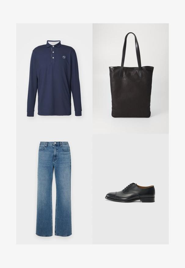 Jūras spēku garie piedurkņu polo krekls, izgatavots no mīkstas auduma, ar apkakles izgriezumu, trīs pogu aizdari un logo uz kreisās krūts.; Platās kājas zilo džinsu bikses izgatavotas no zila auduma ar izbalējušu apdari. Tām ir piecas kabatas, priekšējais pogu aizdare un taisna piegriezuma forma.; Melna ādas kleitkurpe ar gludu virsmu, noapaļota purngala, piecām acīm šņorēšanai un zemu bloku papēdi. Minimalistisks dizains ar smalku adījumu.; Melnas auduma iepirkumu soma ar melnām ādas rokturiem. Vienkāršs dizains, plaša forma un gluda tekstūra. Nav redzamu logo vai rakstu.