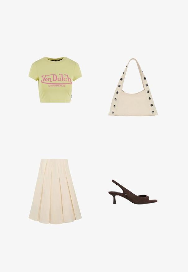 Keltainen lyhythihainen puuvillapaita, jossa on iso vaaleanpunainen "Von Dutch" -logo ja kaareva "ORIGINALS" -teksti. Lyhyet hihat.; Pitkähihaista puseroa kevyestä kankaasta, jossa on seepra-kuosi mustan, ruskean ja kermaisen sävyissä. Avaus selkäpuolella.; Pleated skirt in cream-colored fabric; features soft texture, mid-length design, and symmetrical pleats extending from the waistband to the hem.; Ruske kengät slingback-mallilla, joissa on avokyntinen muotoilu, matala kaareva kenkäkorko ja pehmeä pinta kauttaaltaan.; PULL&BEAR SHOULDER - Shopping bag - beige