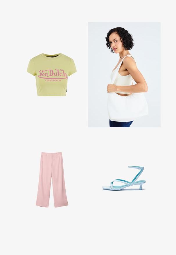 Rumena skrajšana majica iz bombaža, ki ima izrazit roza logotip "Von Dutch" in besedilo "ORIGINALS" v ukrivljenem oblikovanju. Kratki rokavi.; Svetlo roza široke hlače iz gladkega blaga. Imajo strukturiran pas in ravne, padajoče hlačnice, brez vidnih vzorcev ali kovinskih dodatkov.; Svjetloplave sandale na petu s kvadratnim vrhom, niskom petom, podesivim remenčićem oko gležnja i glatkom, sjajnom završnom obradom. Presvučeni remenčići na ulošku.; Bela torba za ramena, izdelana iz gladkega materiala, z ovalnim izrezom in širokim trakom. Preprosta in sodobna, brez vidnih kovinskih delov.