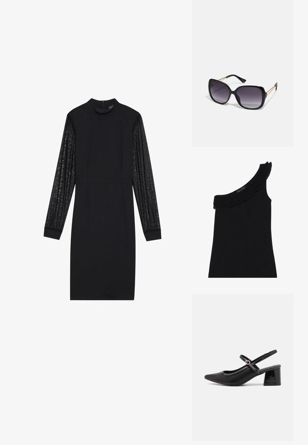 Črn top na eno ramo z nabranim ovratnikom. Gladka, raztegljiva tkanina. Preprost in prilegajoč dizajn, brez dodatnih vzorcev ali akcentov.; Črna obleka z oprijetim korpusom in dolgimi prosojnimi teksturiranimi rokavi. Ima visok ovratnik in preprosto, elegantno silhueto.; Črne patentne usnjene salonarce s slingback obliko, s koničastim nosom, zaobljenim izrezom in blok peto. Imajo zlato kovinsko zaponko kot dodatno okrasje.; Črne prevelike sončne očala z degradacijskimi lečami, debelimi okvirji in zlatimi verižicami na ročajih.; Črna torba iz sintetičnega materiala, preproste pravokotne oblike, z zlatimi kvadratnimi detajli in dvojnih ročajem.