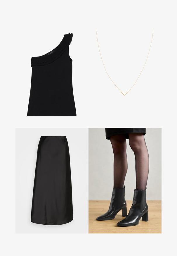 Top negru, cu o umăr, având o linie de gât croită cu volane. Material neted și elastic. Design simplu și ajustat, fără tipare sau accente suplimentare.; Fustă midi din satin negru, cu o textură fină, formă A-line și un luciu subtil. Are un design elegant, simplu, fără embellishments.; Botine negre din piele, cu vârful ascuțit, toc pătrat masiv și un design elegant. Au panouri laterale elastice pentru o îmbrăcare ușoară.; Colier aurit cu un lanț subțire și un pandantiv în formă de V. Design elegant cu o suprafață netedă și lucioasă și detalii minime.