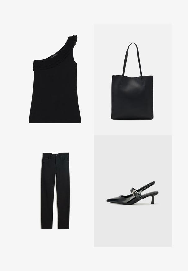 Sort top med én skulder og rynket halsudskæring. Glat, strækbart stof. Enkel og tætsiddende design uden yderligere mønstre eller accenter.; Sorte denimbukser med lige ben, fem lommer, metalknaplukning og diskrete syningsdetaljer. Glat tekstur.; Sorte laker slingback hæle med spids tå og en lille blokhæl, med en sølvspændeaccent på remmen.; Sort læder tote taske med glat tekstur, rektangulær form og to lange hanke. Ingen synlig hardware eller udsmykninger.