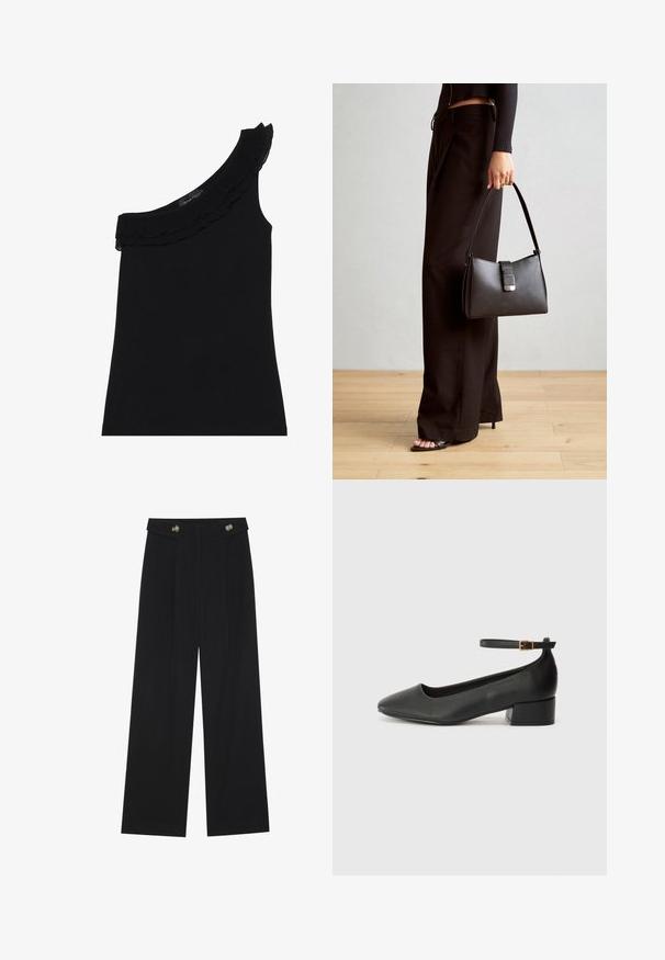 Top negro de un solo hombro con un escote con volantes. Tela suave y elástica. Diseño simple y ajustado, sin patrones ni acentos adicionales.; Pantalones de pierna ancha negros con cintura alta, detalles de botones en la cinturilla y pliegues en la parte delantera.; Zapato de tacón negro de cuero con punta afilada y tacón bajo cuadrado. Presenta una correa para el tobillo con una hebilla en tono dorado. Textura suave.; Bolso negro con forma estructurada, textura suave y un cierre metálico. Combinado con pantalones anchos negros y sandalias de dedo en un suelo de madera.