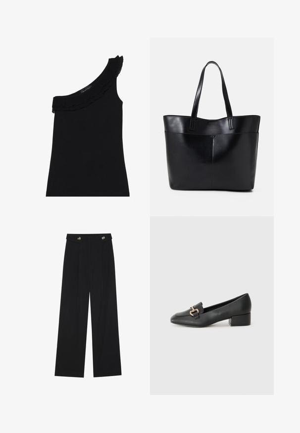 Juoda, vieno peties palaidinė su raukšlėtu apykakle. Lygi, elastinga medžiaga. Paprastas ir prigludęs dizainas, be papildomų raštų ar akcentų.; Juodi plačios kojos kelnės su aukštu liemeniu, sagų detalėmis ant liemens ir priekinėmis raukšlėmis.; Juodi odiniai loaferiai su plokščiu kulnu, su dekoratyvia auksine detalės priekyje ir glotnia tekstūra.; Juoda odinė rankinė su dviem ilgais diržais, lygiu paviršiumi ir struktūrizuota forma. Yra priekinė kišenė papildomam saugojimui.