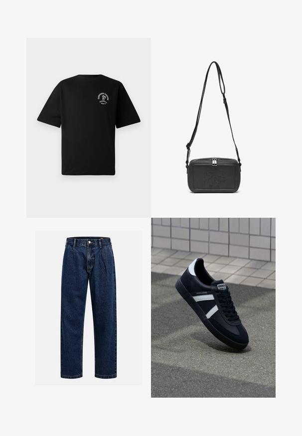 Schwarzes T-Shirt mit kurzen Ärmeln und einem kleinen weißen Logo auf der Brust, das eine Kaffeekanne und den Text "Cortado Coffee Original 2013" zeigt.; Dunkelblaue Denim-Jeans mit geradem Bein. Mit sichtbaren Nähten, einem Knopfverschluß und Frontfalten für zusätzliche Details.; Schwarze Leder-Sneaker mit weißen Streifen, strukturiertem Gummisohle und Schnürung. Verfügt über ein Markenetikett auf der Zunge.; Schwarze Leder-Crossbody-Tasche mit einem Reißverschluss, geprägtem Logo auf der Vorderseite und verstellbarem Riemen. Glatte Textur mit rechteckiger Form.