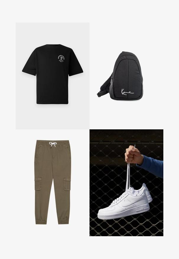 Melns īsām piedurknēm T-krekli ar mazu balto logotipu uz krūtīm, kas attēlo kafijas kanna un tekstu "Cortado Coffee Original 2013".; Kaki kravas bikses ar elastīgu jostu un auklu, ar sānu kabatām un piegrieztiem potīšu galiem. Izgatavotas no teksturēta, viegla materiāla.; Baltas ādas sporta apavi ar perforācijām, apaļu purngali, plakanu zoli un biezām šņorēm, ar redzamu swoosh logo un vārdu "AIR" uz papēža.; Melnas auduma siksnu mugursoma ar gludu tekstūru, ar izliekta dizaina, ar rāvējslēdzēju, un uz priekšu ir balts logo.