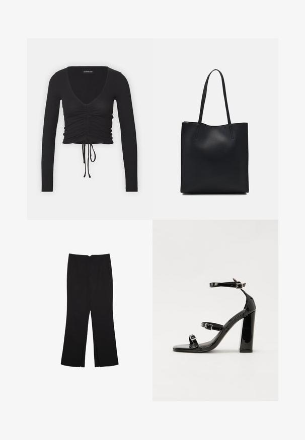 Schwarzes, ribbeltes Langarm-Crop-Top mit tiefem V-Ausschnitt, gerafften Details auf der Vorderseite und verstellbarem Bindeband am Saum.; Schwarze Hose mit geradem Schnitt, ausgestattet mit Fronttaschen und Seitenschlitzen am Saum. Hergestellt aus weichem, glattem Stoff. Geeignet für verschiedene Anlässe.; Schwarze patentierte Sandalen mit Absatz, quadratischer Spitze, Knöchelriemen und silbernen Schnallen. Mit einem stabilen Blockabsatz für mehr Stabilität.; Schwarze Laptoptasche aus Leder mit glatter Textur, rechteckiger Form und zwei langen Griffen. Keine sichtbaren Beschläge oder Verzierungen.