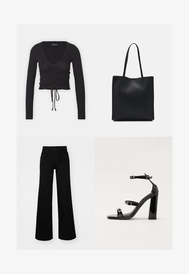 Fekete bordázott, hosszú ujjú cropped top, mély V-nyakkivágással, elöl ráncolt részlettel és állítható kötésel a szegélyen.; Fekete, bő szárú farmernadrág, amelynek állítható derékrésze van, övhurkokkal és elülső zsebekkel. Simaság jellemzi, klasszikus dizájnnal.; Fekete lakk magas sarkú szandál négyzet alakú orral, bokapántokkal és ezüst csatokat tartalmaz. Masszív blokk sarka a stabilitásért felel.; Fekete bőrtáska sima felszínnel, téglalap alakú, két hosszú füllel. Nincs látható fémkiegészítő vagy díszítés.