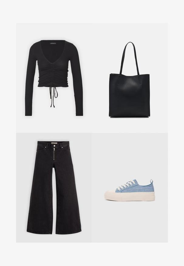 Top scurt negru cu maneci lungi, prezentând un decolteu adânc în V, detalii adunate în față și un șnur ajustabil la margine.; Jeans cu picioare largi din denim negru, cu fermoar în față, design cu cinci buzunare și detalii subtile de cusătură. Textură netedă și stil casual.; Sneakers din pânză de culoare albastru deschis, cu vârf și talon din cauciuc crem, având șireturi albe și un maner pe călcâi.; Geantă tote neagră din piele, cu textură netedă, formă rectangulară și două mânere lungi. Fără hardware vizibil sau ornamente.