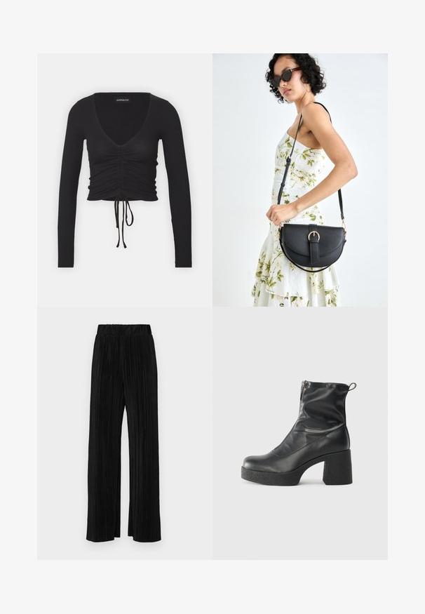 Černý žebrovaný dlouhý rukáv crop top s hlubokým V-výstřihem, na přední straně s nařasenými detaily a s nastavitelnou šňůrkou na spodním lemu.; Černé plisované kalhoty s elastickým pasem. Mají široké nohavice a hladkou, strukturovanou tkaninu s vertikálními pruhy.; Černé kotníkové boty vyrobené z hladké kůže, s bočním zipem, robustním strukturovaným podpatkem a kulatou špičkou.; Černá kožená kabelka s křivkovým tvarem, odnímatelným popruhem a zlatými detaily. Kabelka má klopu s přezkou.