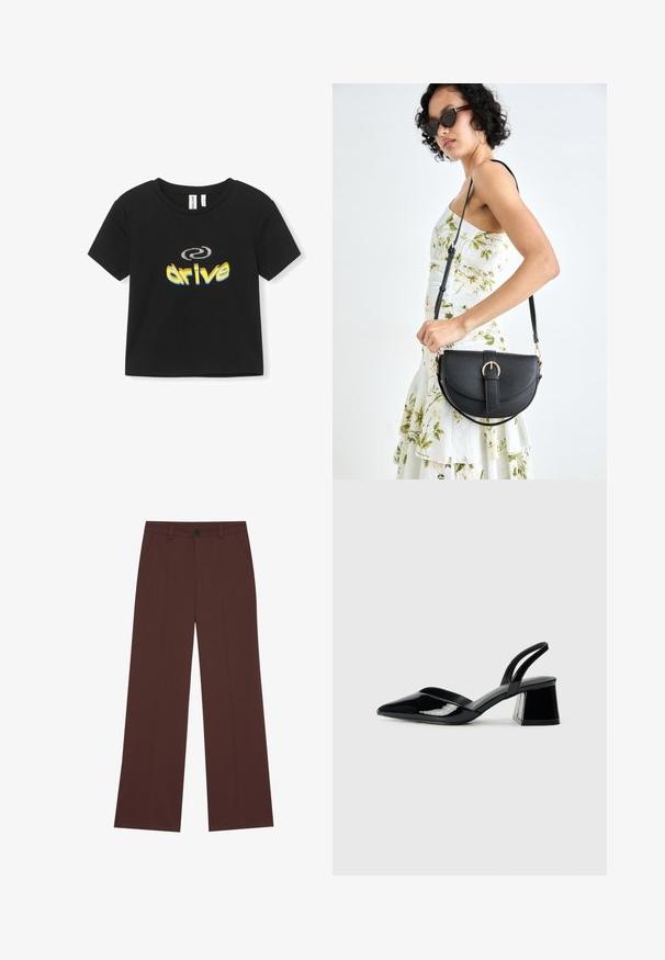 Black cotton t-shirt with short sleeves, featuring a graphic in yellow and blue reading "drive" with a spiral accent above the text.; Wide-leg trousers in a rich brown fabric. Features a button closure, two front pockets, smooth texture, and clean lines.; Black patent leather slingback heels with a pointed toe and a geometric block heel. Features a sleek, minimal design and smooth texture.; Black leather handbag with a curved shape, detachable strap, and gold hardware. The bag features a flap with a buckle detail.