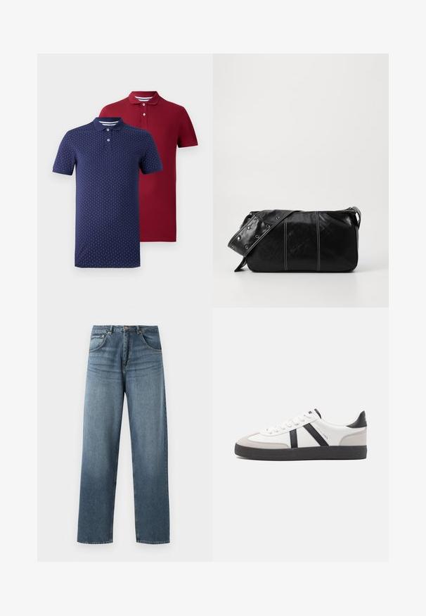 Două șiruri de tricouri polo cu mânecă scurtă, unul solid de culoare roșu închis și unul albastru marin cu un model vertical de puncte albe, ambele având plăci pentru butoane și guler.; Jeans din denim albastru cu picioare drepte și umplutură decolorată, având un design cu cinci buzunare, nasture metalic și bucle pentru curea. Material structurat, de greutate medie.; Sneaker alb cu accente negre și gri, având un capac de vârf gri texturat, talpă din cauciuc negru și șireturi plate albe. Design elegant, stil minimalist.; Geantă de umăr din piele neagră cu închidere cu fermoar, având un corp texturat, cusături albe și o curea cu ochiuri argintii.