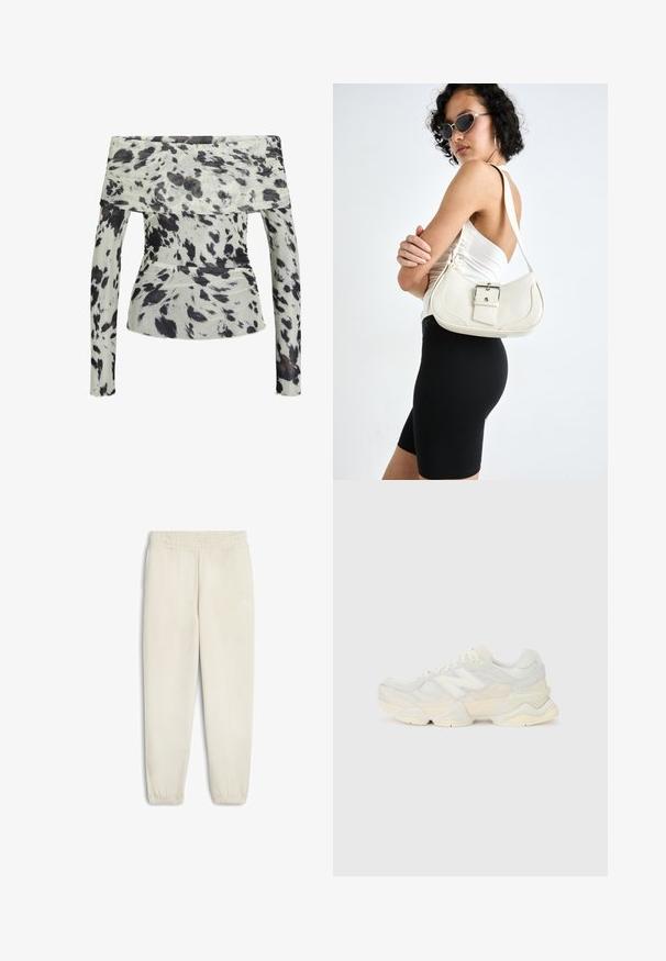 Top bez naramenica od laganog materijala s bijelom bazom ukrašenom crnim i smeškim apstraktnim uzorkom. Dugi rukavi s skupljenom teksturom.; Svijetlosmeđi dukserica hlače izrađene od mekanog materijala, s elastičnim pojasom, suženim gležnjevima i malim bijelim logom sa strane.; Lagana tenisica s gornjim dijelom od mrežice i antilopa u blagim krem tonovima, srobustnom potplatom i trodimenzionalnim detaljima.; Bijela kožna torbica s zakrivljenim oblikom, podesivim remenom i malim detaljem kopče. Model nosi usklađeni crni outfit.