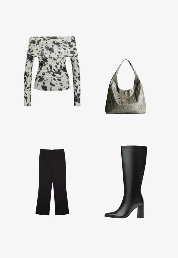 Off-shoulder top i let stof med hvid bund og sort og brun abstrakt print. Lange ærmer med rynket tekstur.; Sorte bukser med lige pasform, der har frontlommer og slidser i kanten. Lavet af blødt, glat stof. Velegnet til forskellige anledninger.; Sorte knæhøje støvler lavet af imiteret læder med spids tå, glat tekstur og en chunky blokhæl. Minimalistisk design uden synlige detaljer.; Oliven grøn læderhåndtaske med et slouchy design, der har forskellige størrelser af cirkulære udskæringer og accenter i mørkere og lysere nuancer.