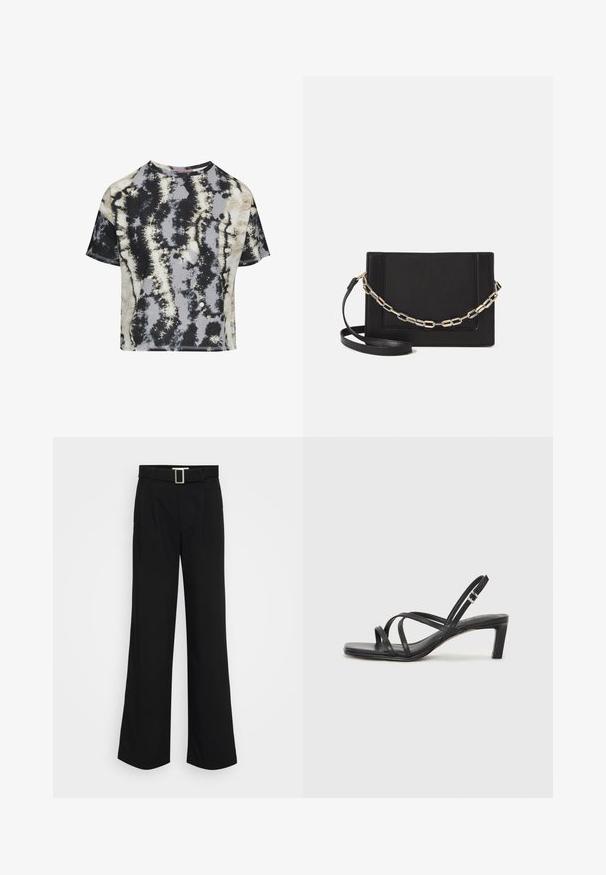 Kurze Ärmel, gekürztes T-Shirt aus Baumwolle mit einem Batikmuster in Schwarz, Grau und Beige. Mit rohen Kanten und Rundhalsausschnitt.; Schwarze weit geschnittene Hosen aus leichtem Stoff, mit glatter Oberfläche, vorderen Falten und einem Gürtel mit einer quadratischen Metallschnalle.; Schwarze Sandale mit Riemchen, quadratischer Zehenform und niedrigem Blockabsatz. Verfügt über mehrere dünne Riemen und einen verstellbaren Knöchelriemen. Hergestellt aus glattem Leder.; Schwarze Leder-Crossbody-Tasche mit glatter Textur, rechteckiger Form und metallic-kettendetail auf der Vorderseite. Verstellbarer Gurt inklusive.