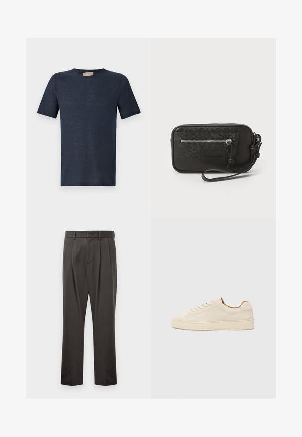 T-shirt de gola redonda de manga curta azul marinho com um tecido leve e ligeiramente translúcido sobre um fundo branco.; Calças cinza escuras feitas de um tecido texturizado, com frente lisa, pregas, pernas direitas e passadores de cinto. Sem hardware ou padrões visíveis.; Sapatilhas de camurça bege com um design de cano baixo, bico redondo, atacadores planos e uma sola de borracha texturizada. Estilo minimalista sem logótipos visíveis.; Clutch preta em pele com superfície texturizada, bolso frontal com fecho e strap de pulso destacável. Apresenta um logotipo na parte frontal. Forma retangular.