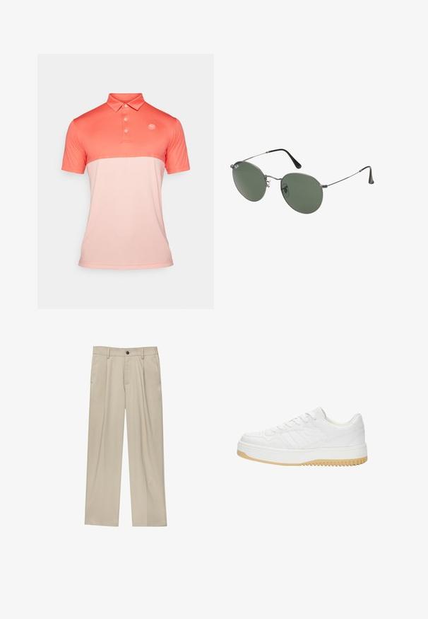 Polo póló gradiens korall színekben, gallérral, három gombbal és egy kis logóval a bal oldalon. Sima szövet textúra.; Beige egyenes szárú nadrág, egy fekete gombbal, övhurkokkal és oldalzsebekkel. Sima szövettextúra és minimális design.; Fehér bőr sneaker, texturált felülettel, gumitalppal, fűzős kialakítással és diszkrét csíkozással az oldalakon.; Fémkeretes napszemüveg ovális zöld lencsékkel. Vékony ezüst színű fémkeret és fekete fülrész. Minimalista dizájn, látható logók nélkül.